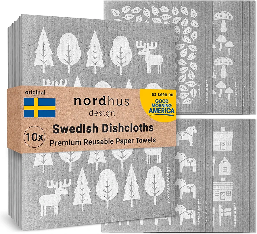 Nordhus Design Swedish Dishcloths,10 Grey Cloths, Made in Sweden - Reusable, Washable Cellulose Cotton Kitchen Cloths - Replace Paper Towels, Wipes, Sponges, Dish Rags