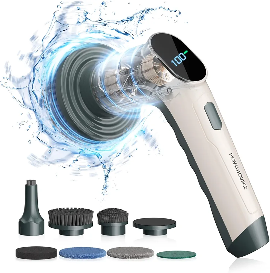 Electric Spin Scrubber, Cordless Cleaning Brush with LED Display, 9 Replaceable Brush Heads, 3 Speeds, Handheld Power Shower Scrubber for Cleaning Floors, Grout, Windows, Bathtubs, Sink