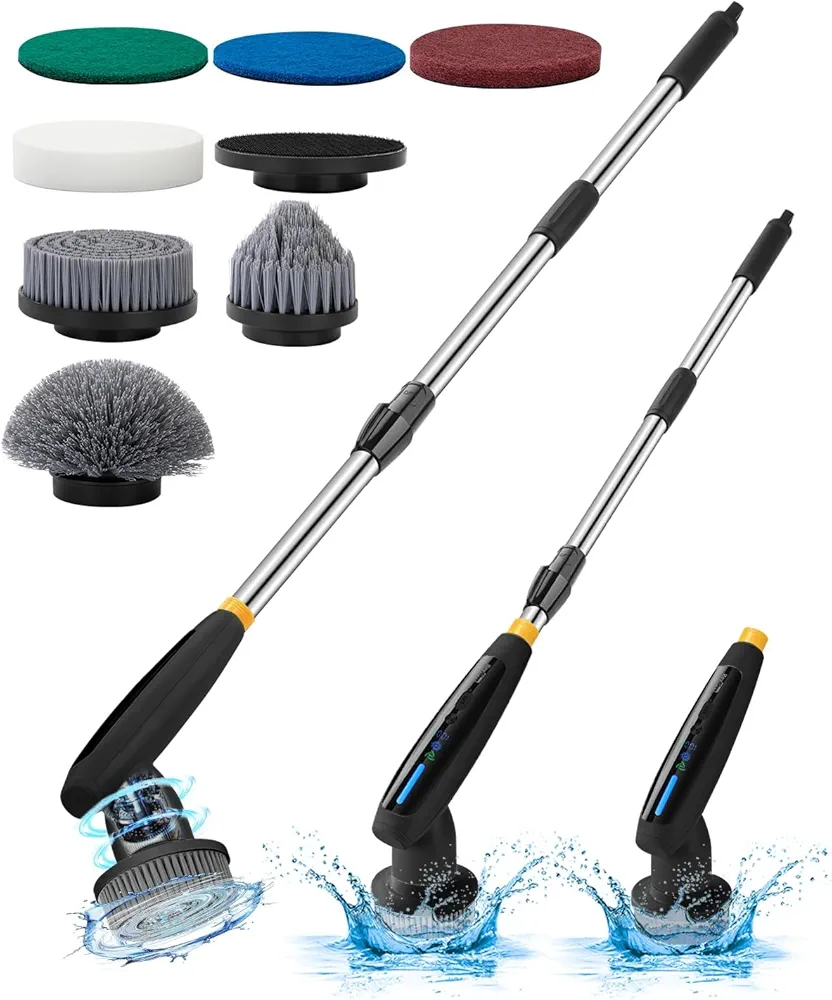 Electric Spin Scrubber,120 MIN Playtime cordless cleaning brush, 330 rpm for efficient cleaning, 7 replaceable brush heads and 3 adjustable extension handles,suitable for home and bathroom floor tiles