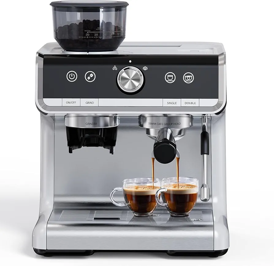 Espresso Machine with Grinder 20 Bar Pump, 2.8L Removable Water Tank Semi Automatic Coffee Maker with Grinder, Milk frother, Ideal for Small Families and Offices
