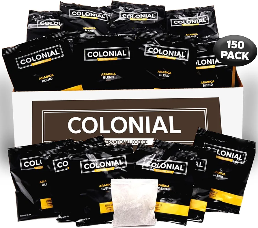 Colonial Coffee Roasters In-Room Hotel Ground Coffee Filter Portion Packs, Dark Roast, 0.50 Ounce (Pack of 150), Use with 4-Cup Drip Coffee Machine