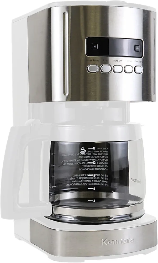 Kenmore Coffee Maker 12 cup Drip Coffee Machine Reusable Filter Programmable Timer Digital Display Aroma Control Glass Carafe Charcoal Water Filter Regular Bold Stainless Steel and white