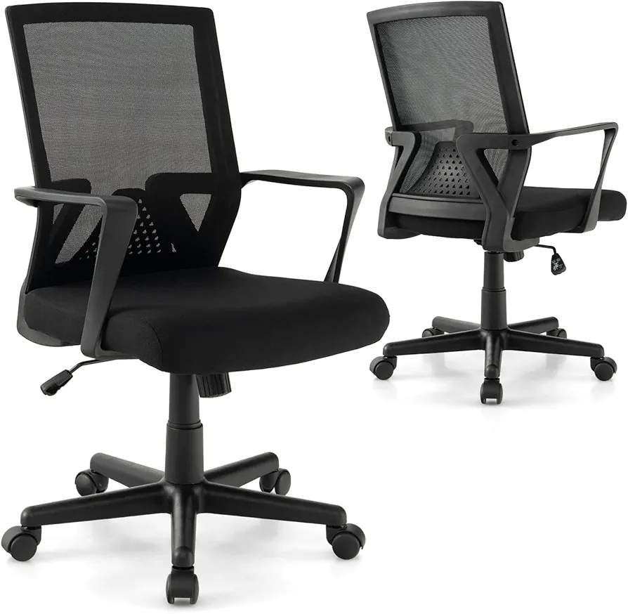 Giantex Office Desk Chair with Lumbar Support, Ergonomic Mesh Office Chair with Wheels and Armrests, Mid Back Rolling Swivel Adjustable Task Chair, Executive Computer Chair for Home Office, Black