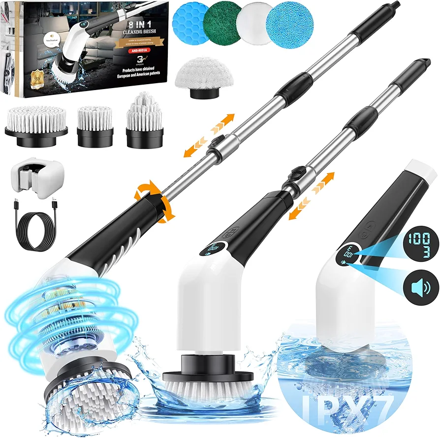 Bathroom Scrubber Electric Electric Spin Scrubber with 8-in-1 Replaceable Brush Heads Electric Brush Cleaner for Bathroom with Power LCD Display, 3 Adjustable Speed