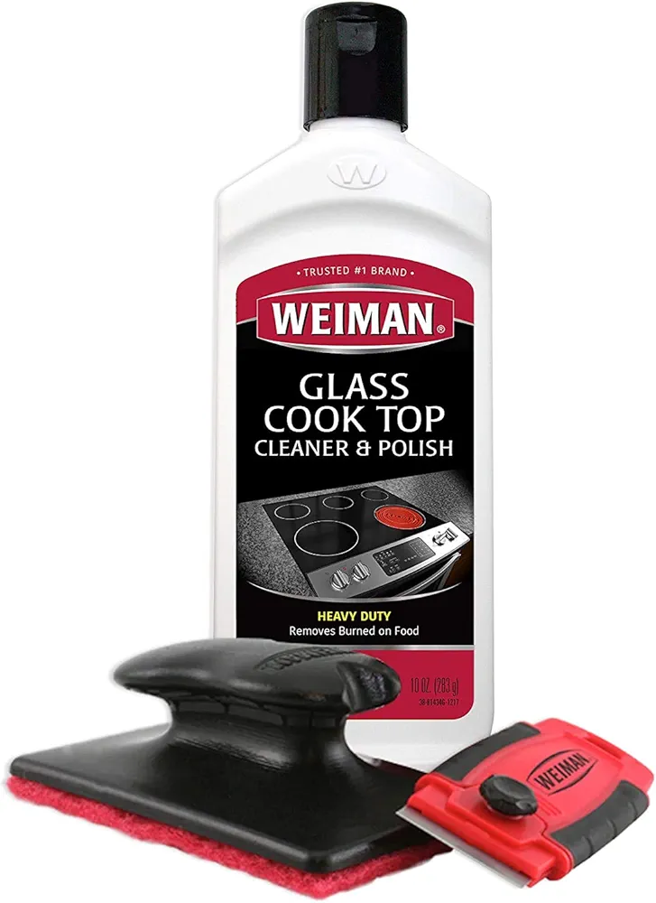 Weiman Cooktop and Stove Top Cleaner Kit - Glass Cook Top Cleaner and Polish 10 oz. Scrubbing Pad, Cleaning Tool, Razor, Scraper