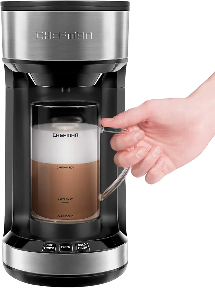 Chefman Froth + Brew Coffee Maker and Milk Frother Single Serve Brewer for K-Cup Pods & Grounds for Latte and Cappuccino Style Drinks, Compact 20 oz. Glass Mug and Reusable Filter Included, 21 oz