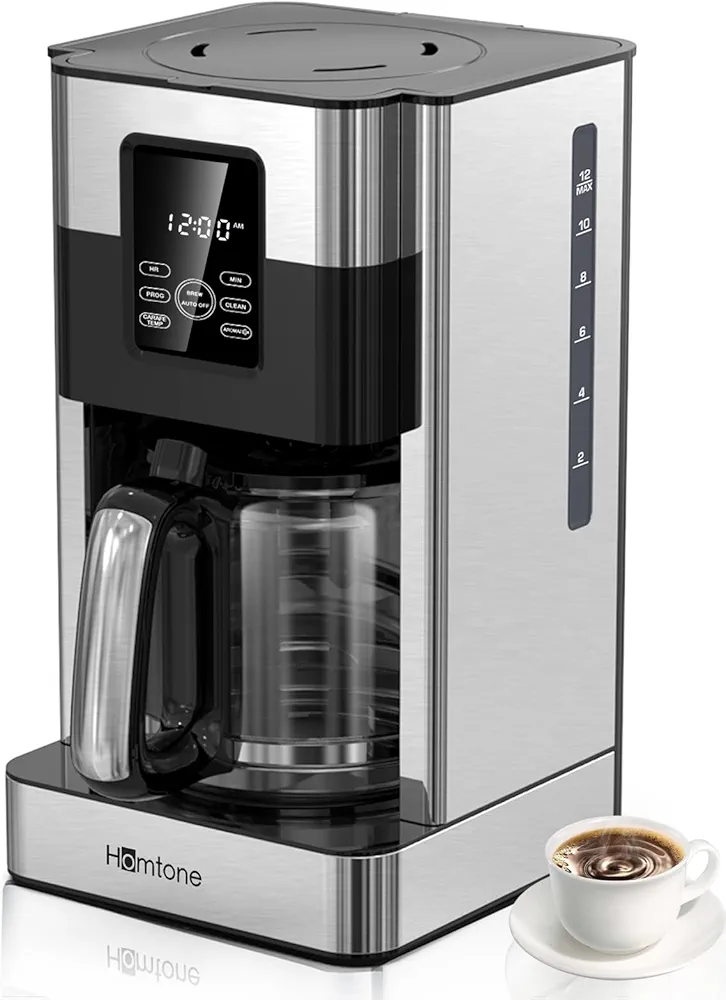 Homtone Coffee Maker 12 Cup Programmable Drip Digital Coffee Machine, Brew Strength Control Coffee Maker for Hot Coffee, Stainless Steel, Anti-drip Coffee Pot,LCD Touch Screen, Reusable Filter, 1000W