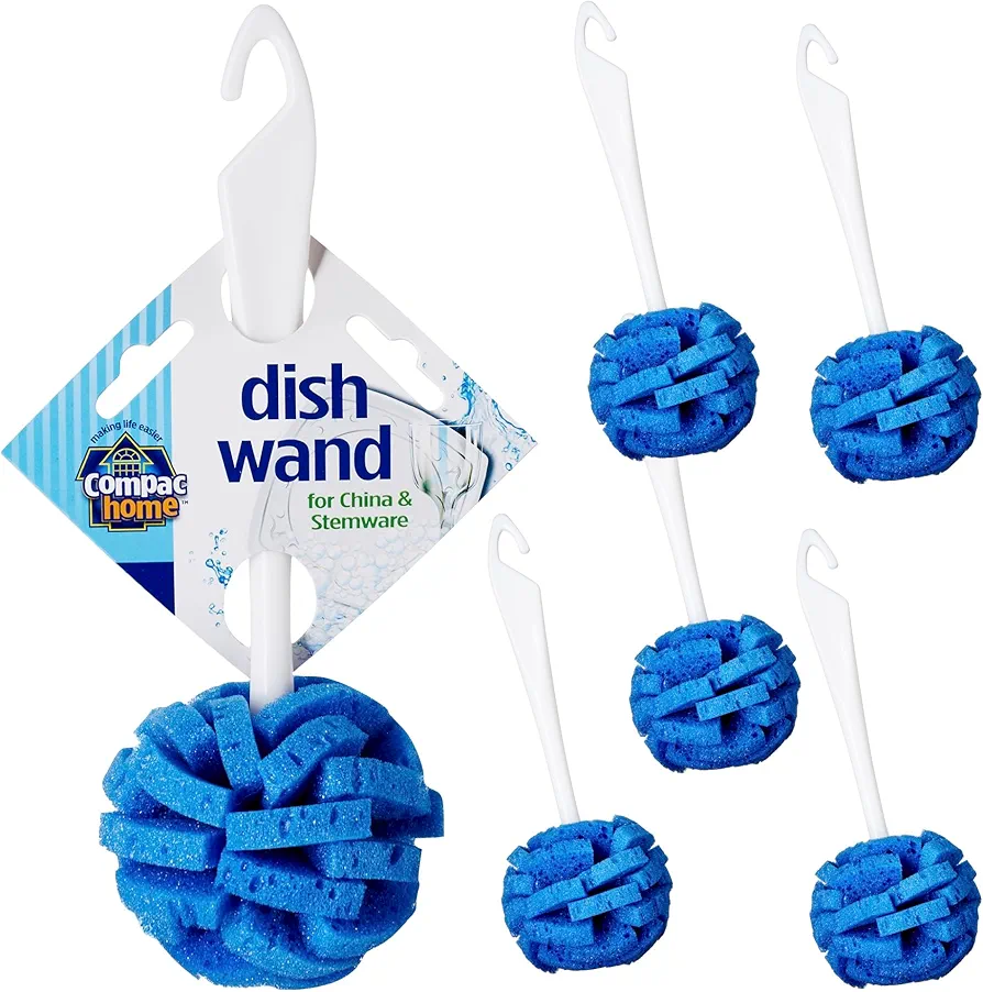 Dish Wand China Scrubbing Sponge by Compac Home, Cleans Dishes and Glassware Effectively, Unique Round Ball Shape for All-Around Cleaning, Flexible Brushes are Gentle on Your Nice Dishes, 6 Count