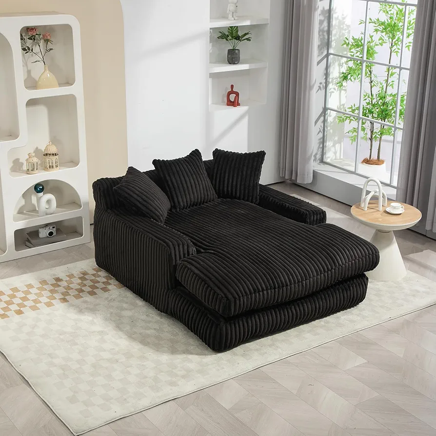 Oversized Chaise Lounge Chair Indoor, Corduroy Lounge Sofa with 3 Soft Pillows, Upholstered Sleeper Chair Bed with Deep Seat, Comfy Lazy Sofa Cloud Couch for Living Room, Bedroom, Gaming Room, Black