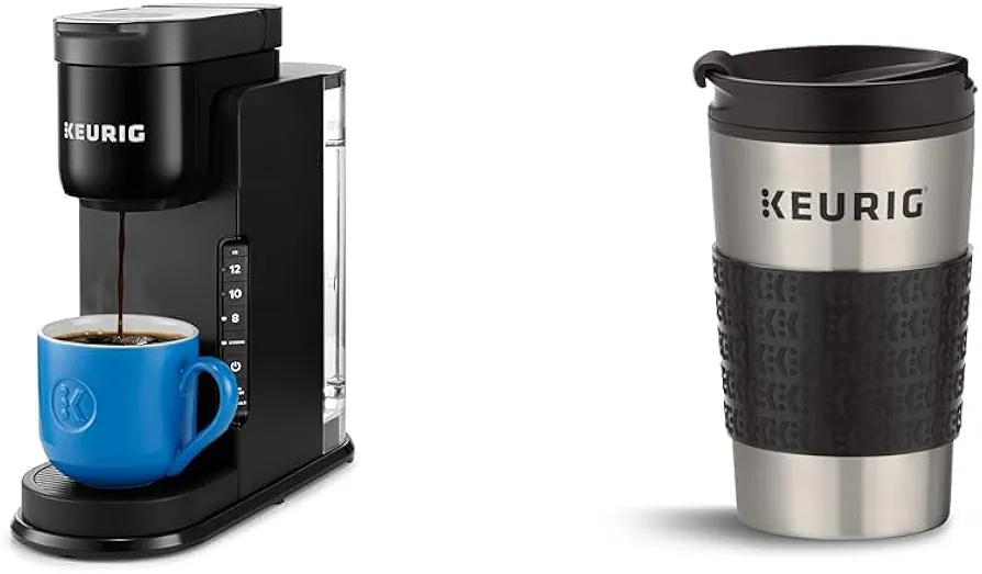 Keurig K-Express Coffee Maker, Single Serve K-Cup Pod Coffee Brewer, Black, 12.8” L x 5.1” W x 12.6” H & Travel Mug Fits K-Cup Pod Coffee Maker, 1 Count (Pack of 1), Stainless Steel