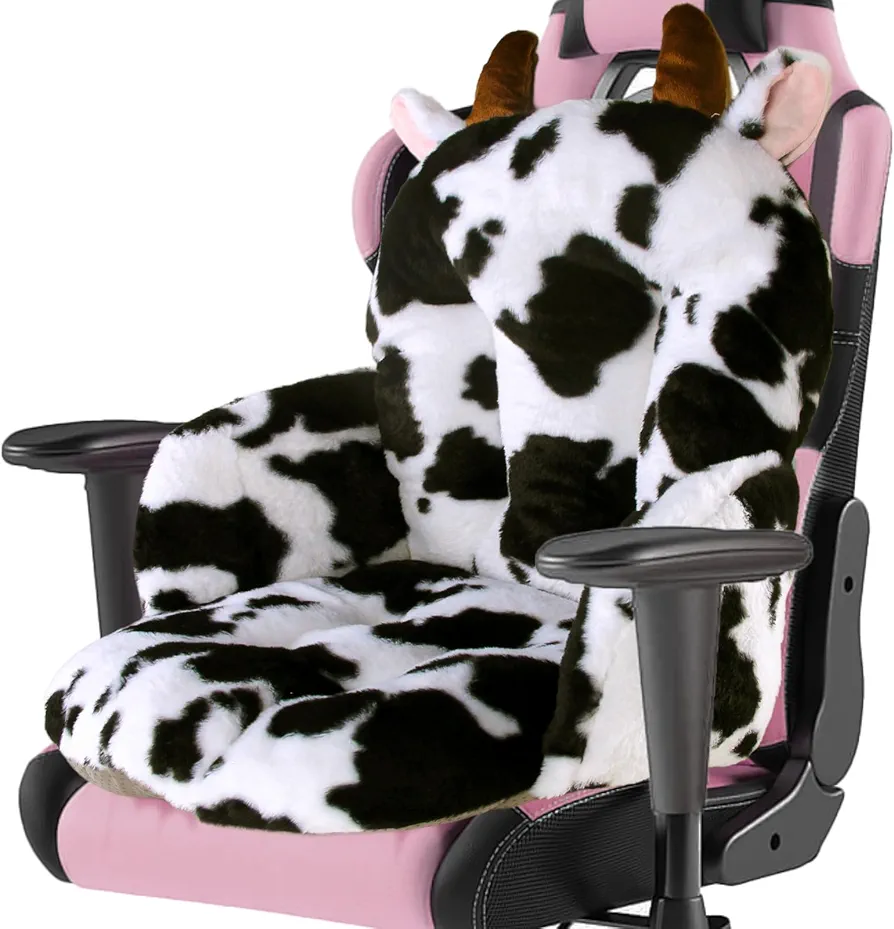 Comfy Office Chair Cushion: 17.5" L x 17.5" W x 18" H Cute Chair Cushion Kawaii Gaming Chair Cushion with Backrest Non-Slip Floor Seating for Adults and Pets Cow Stuff for Room Decor