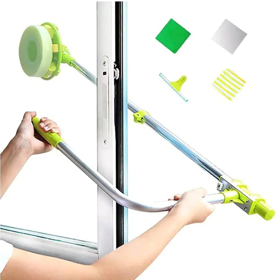 Window Cleaning Tool U Shaped Window Cleaner for External Window Washer with Telescopic Pole, Angle Adjustable Sponge Head and Squeegees