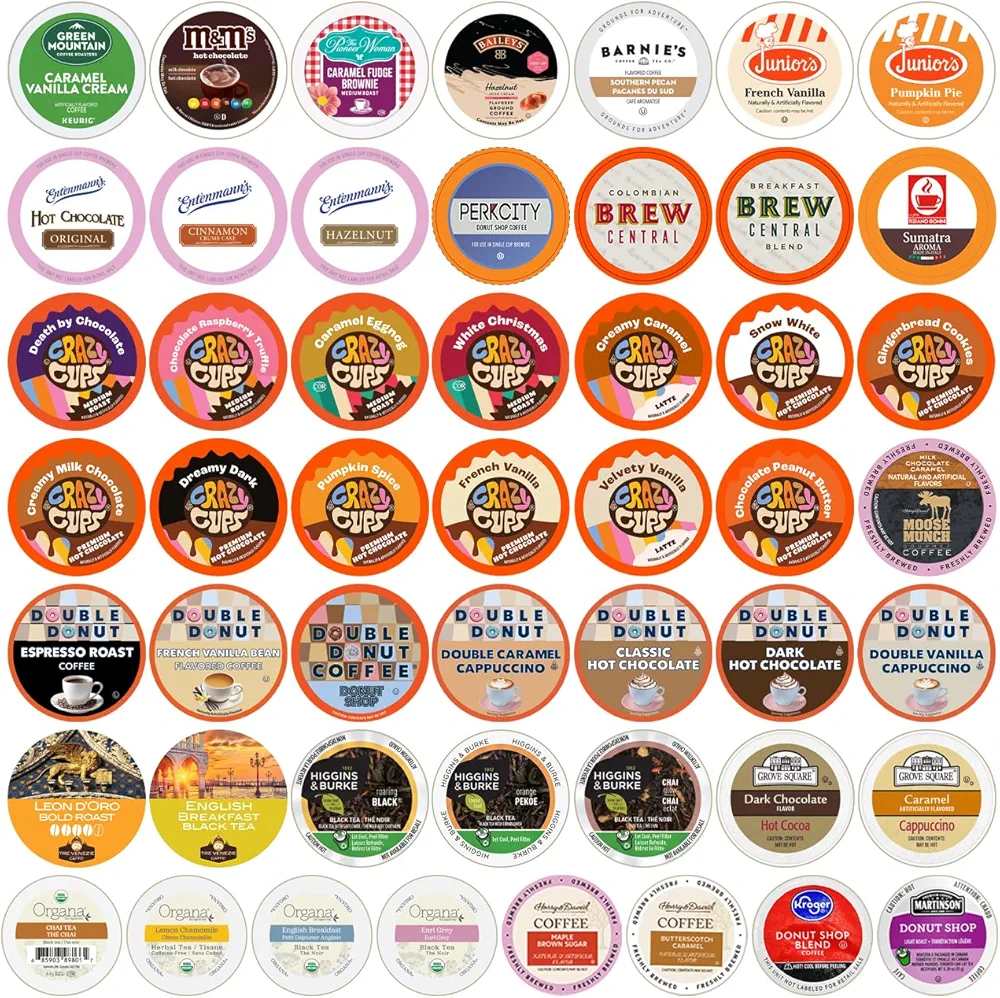 Variety Pack of Coffee, Tea, and Hot Chocolate - Great Sampler of Coffee, Tea, and Hot Cocoa for Keurig K Cups Machines - Great Gift for Coffee Lovers, No Duplicates, 50 Count (Pack of 1)