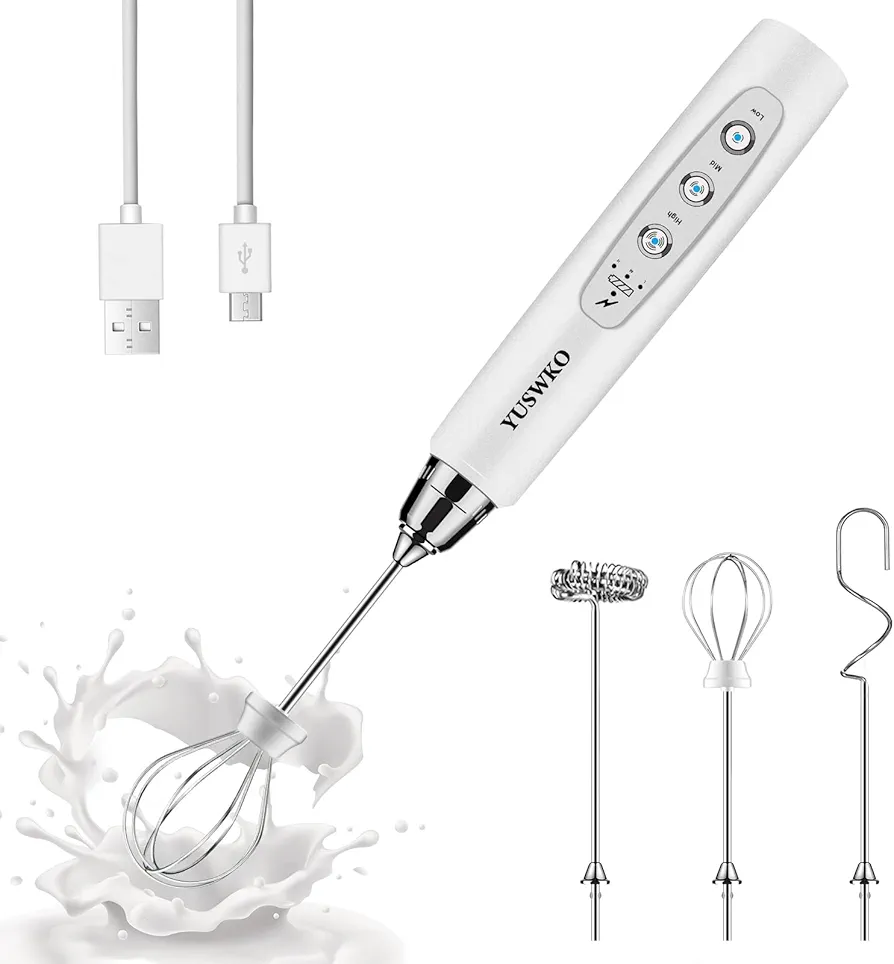 YUSWKO White Handheld Milk Frother Wand for Coffee, Rechargeable Electric Whisk with 3 Heads 3 Speeds Drink Mixer Coffee Frother For Latte, Cappuccino, Hot Chocolate, Egg