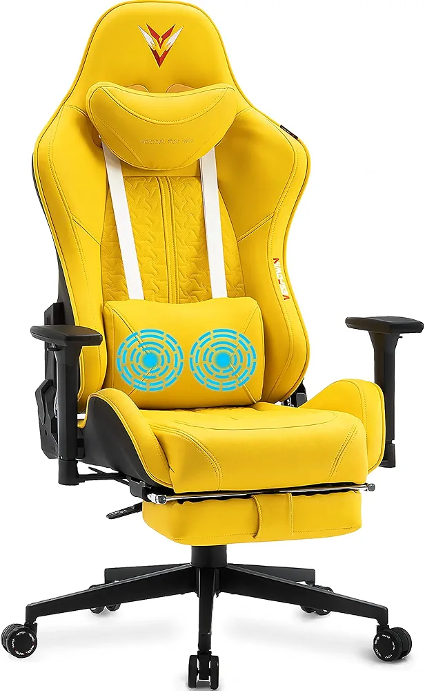 Gaming Chair for Adults 350LBS, Wide Seat Computer Chair with Footrest and Massage Lumbar Support, Reclining Gaming Chairs PU Leather, Heavy Duty Video Game Chair Rolling, Ergonomic, Yellow