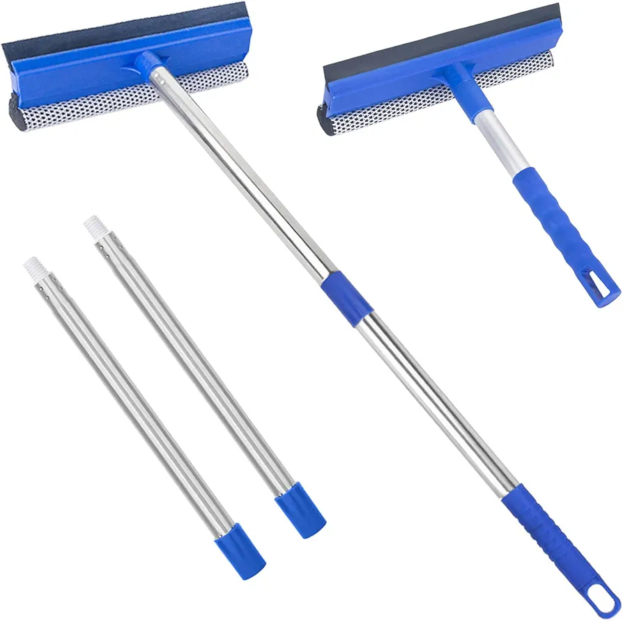 Window Squeegee for Home, 56'' Long Handle Window Cleaner Tool, 2-in-1 Window Scrubber for Car Windshield, Shower Door Cleaning