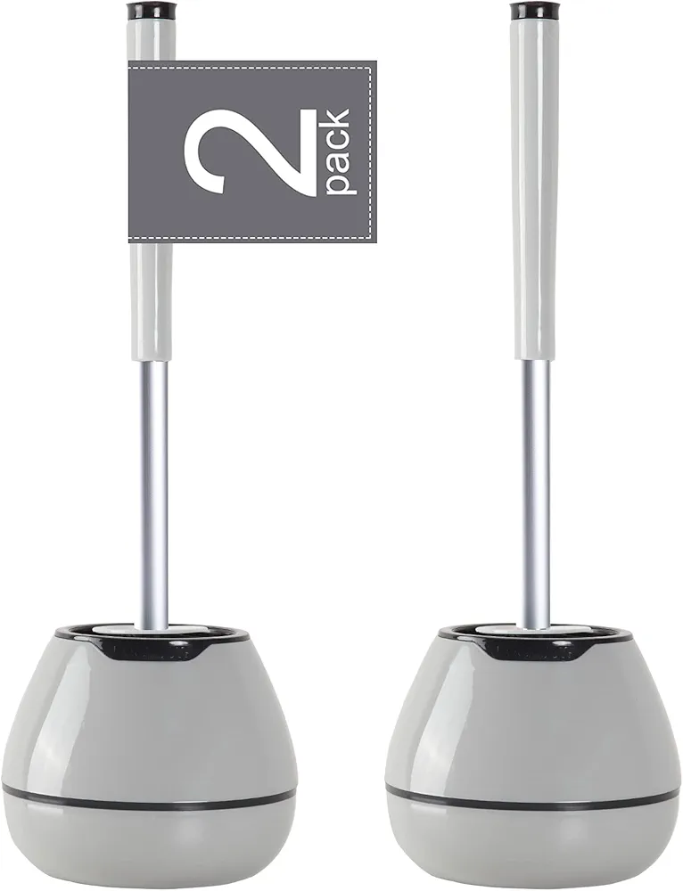 BOOMJOY Toilet Brush and Holder Set 2 Pack, Silicone Toilet Bowl Cleaner Brush, Toilet Scrubber Brush with Tweezers for Bathroom Cleaning, RV Accessories, House Organization Must-Haves - Gray