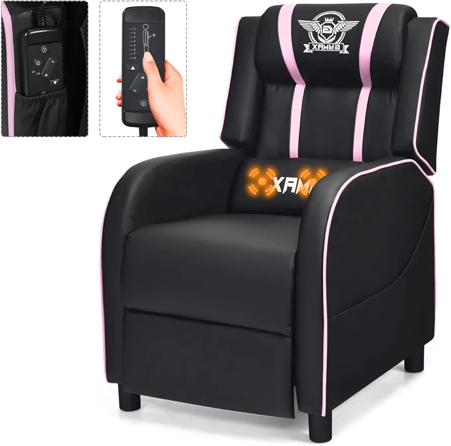 Gaming Recliner, Movie Theater Chair w/Adjustable Backrest & Footrest, Massage Lumbar Pillow, Racing Single Sofa, PU Leather Reclining Chair for Gaming Room, Home Theater (Pink)