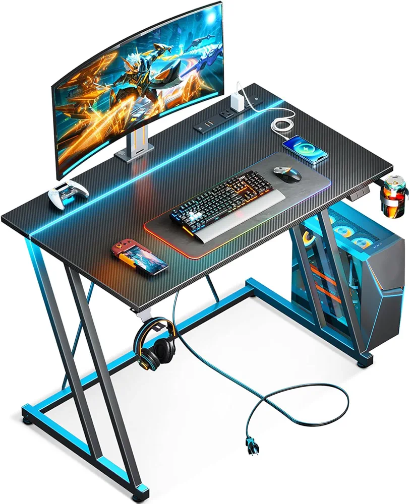 MOTPK Small Gaming Desk with LED Lights & Power Outlet, Computer Desk 31.5inch for Small Space, Cheap Gaming Table with Carbon Fiber Texture, Kids Desk Gift for Boys Men, Black