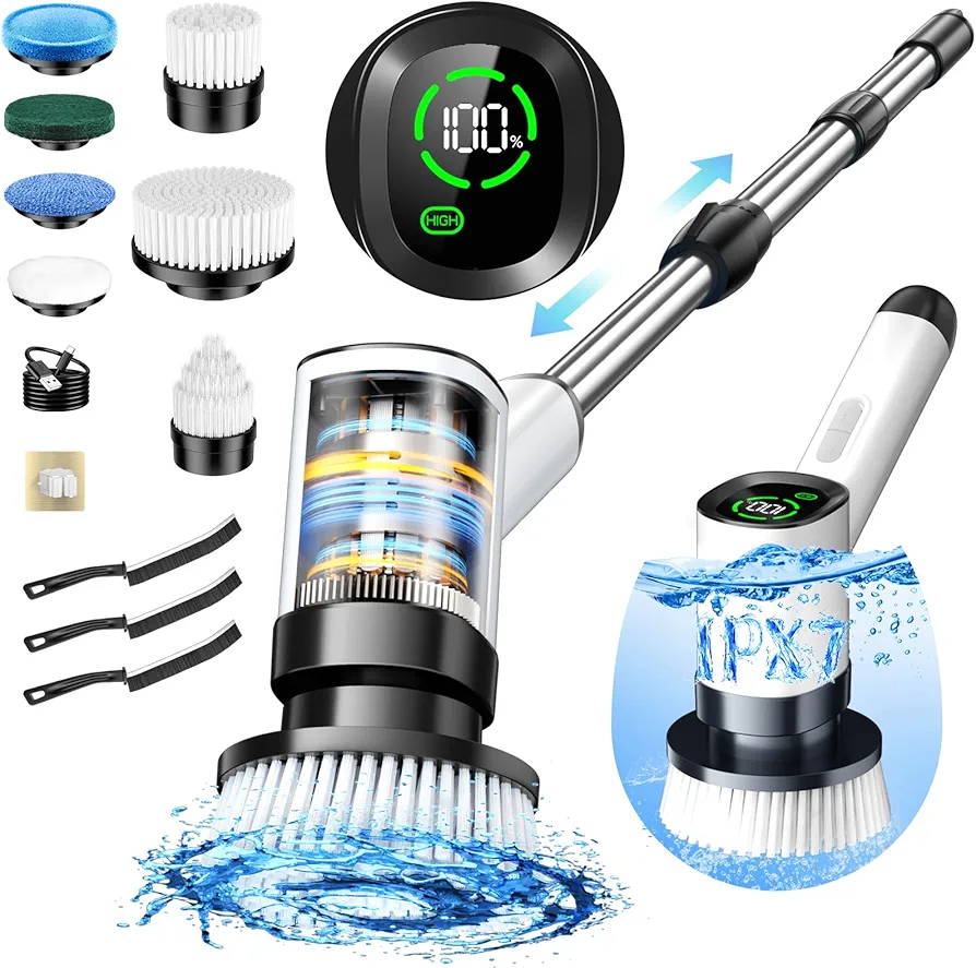 Electric Spin Scrubber, IPX7 Waterproof Cordless Power Shower Scrubber with Extension Handle, 7 Replaceable Brush Head&3 Bristle Crevice Brushes, 2 Speeds Power Scrubber for Bathroom, Kitchen Cleaning