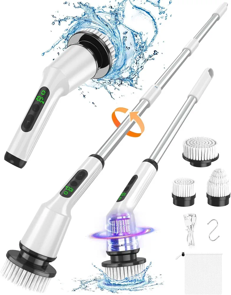Electric Spin Scrubber, Upgraded Bathroom Cleaning Brush IPX7 Waterproof with 2 Speeds(Up to 500 RPM), 3 Replaceable Brush Heads & 53’’ Adjustable Handle Perfect for Bathroom, Tub, Tile, and Floor