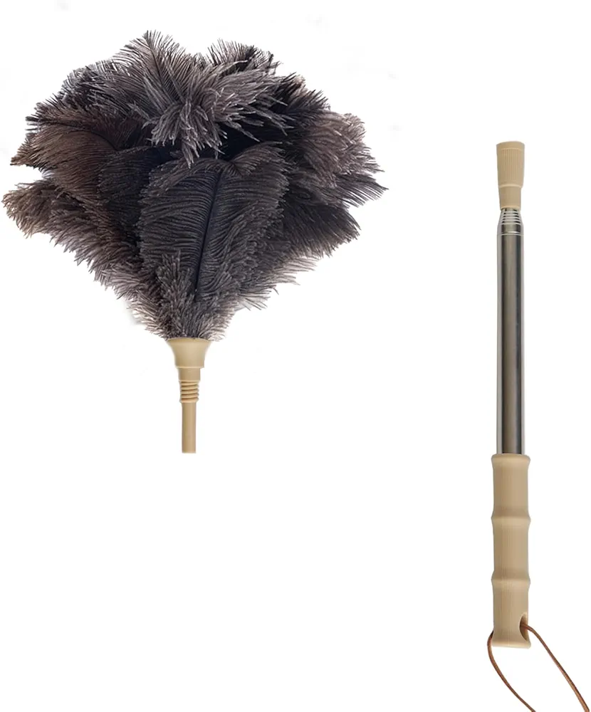 Aldwin Ostrich Feather Duster with Extension Pole Up to 43 inch, Genuine Fluffy Natural Reusable Handheld Feather Dusters for Cleaning Supplies, Washable, Car, Office, Desk, Blinds