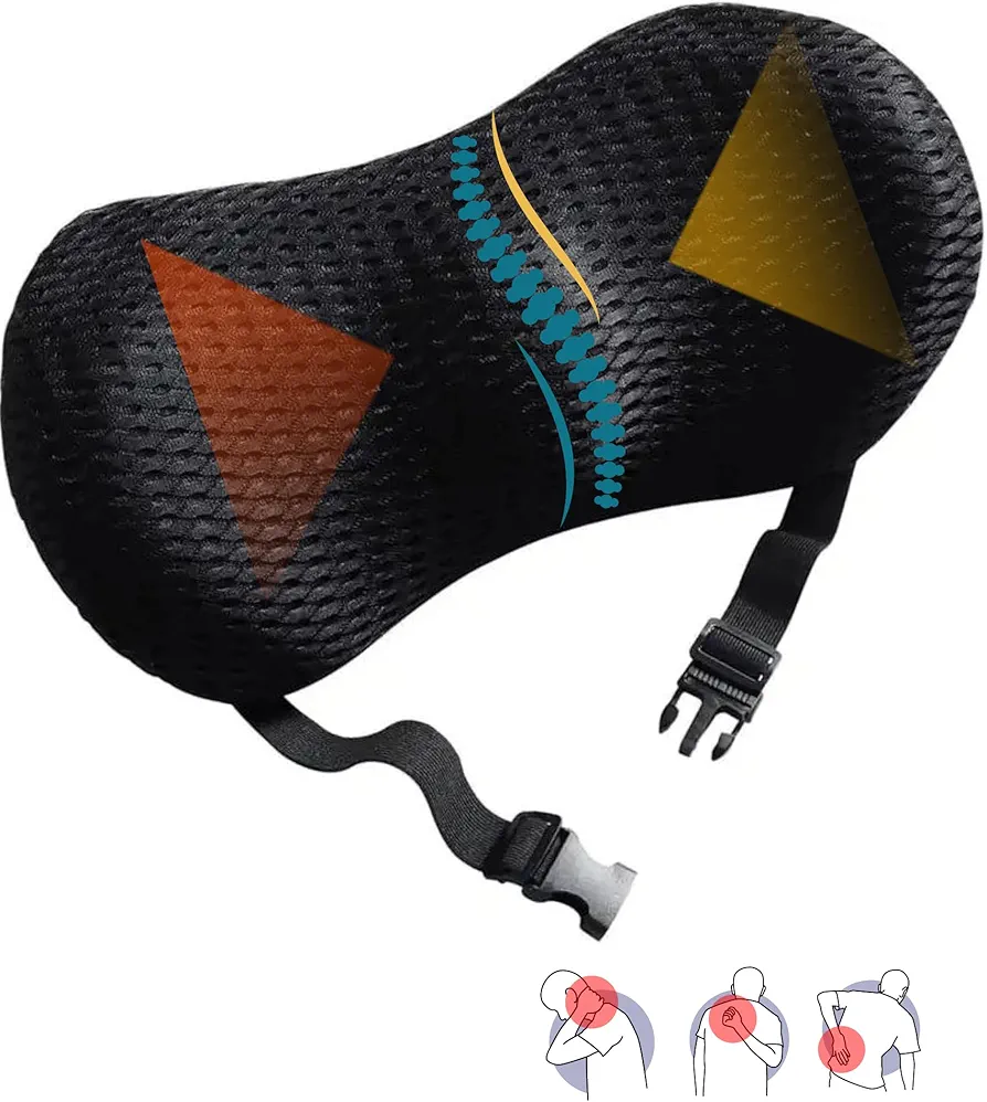 Ergonomic Memory Foam Lumbar Back Support Pillow for Office Chair Car Seat Wheelchair Gaming Chair, can Also use for Beauty Salons, Adjustable Strap Breathable Removable Washable Cover Carrying Bag.
