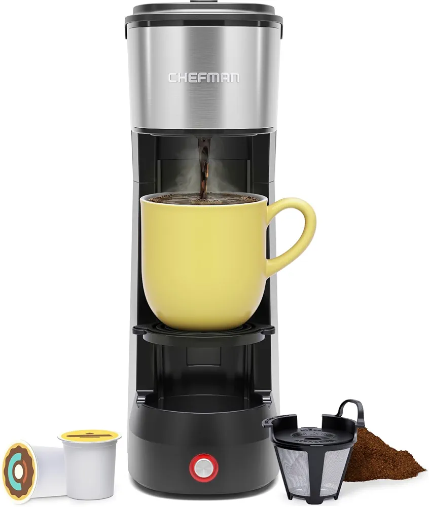 CHEFMAN Single Serve Coffee Maker, K Cup Coffee Machine: Compatible with K-Cup Pods and Ground Coffee, Brew 6 to 14oz Cup Drip Coffee Maker, Cup Lift, Filter Included