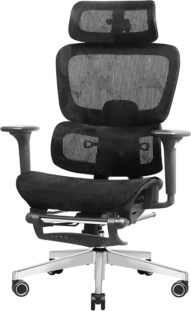 Ergonomic Mesh Office Chair with 4D Armrest, Big and Tall Computer Task Chair with Adjustable Headrest, Lumbar Support, Seat Depth and Footrest, Home Desk Gaming Chair Black
