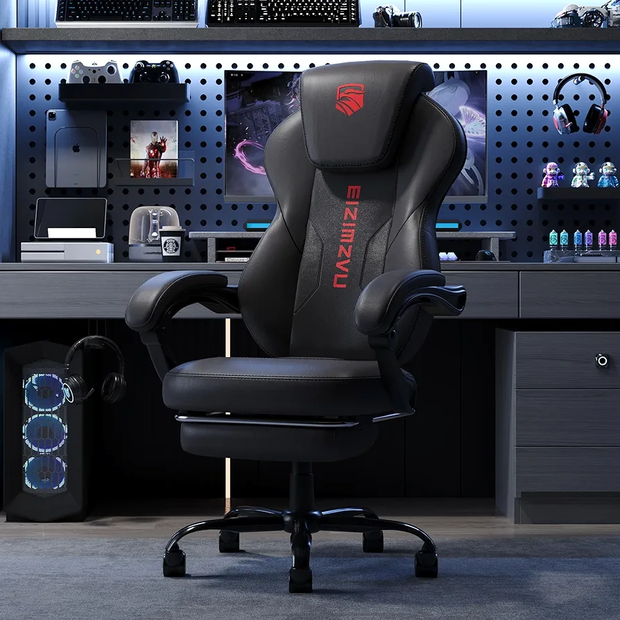 Gaming Chair with Adjustable Headrest and Footrest, PU Leather High Back Office Chair for Adults, Reclining Swivel Computer Chair with Footrest, Ergonomic Desk Chair for Office (Red)