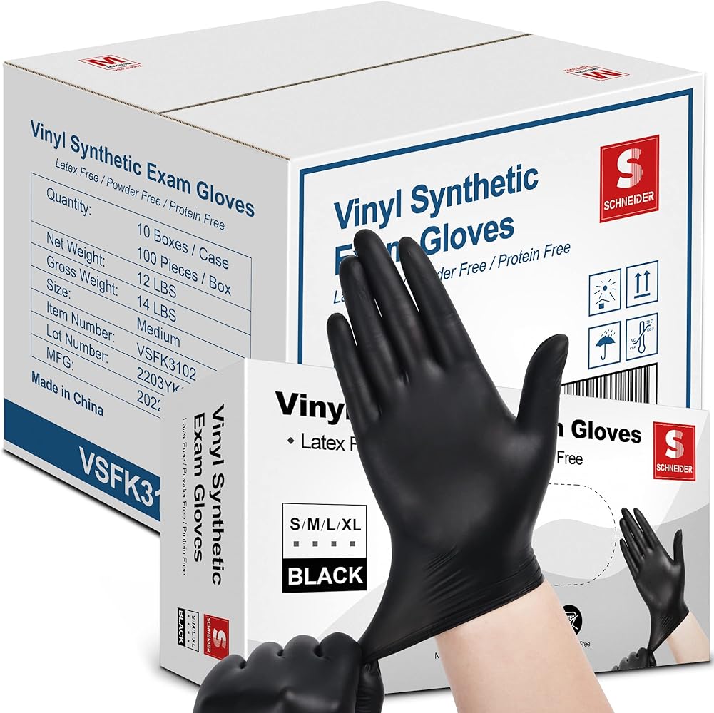 Schneider Black Vinyl Exam Gloves, 4mil, Disposable Gloves Latex-Free, for Medical, Cooking, Cleaning, Food Prep