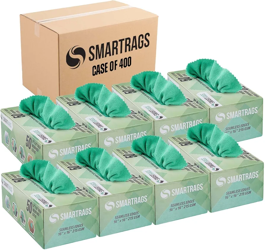 Arkwright Smart Rags in Box - (Bulk Case of 400) Lint Free, Large Microfiber Cleaning Cloth, Scratch & Streak-Free, Dispensable Wash Towels for Cars, Kitchen, and Window Glass, 16 x 16 in, Green