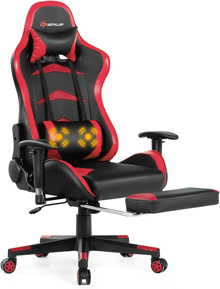Goplus Massage Gaming Chair, Reclining Backrest, Handrails and Seat Height Adjustment Racing Computer Office Chair, High Back Ergonomic PU Leather Swivel PC Game Chair with Footrest (Red)