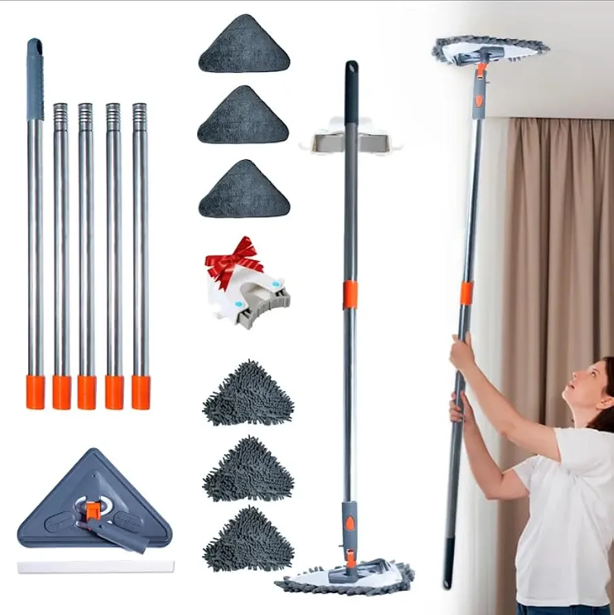 Sekundoj Wall Cleaning Mop with Long Handle 85 inches, Wall Cleaner Kit with 6 Microfiber Reusable Mop, Wall Cleaner Multifunctional, Gray