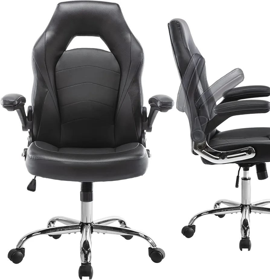 MCQ Home Office Gaming Ergonomic High Back Computer Height Adjustable Desk Flip-up Armrest Faux PU Leather Chair, Black