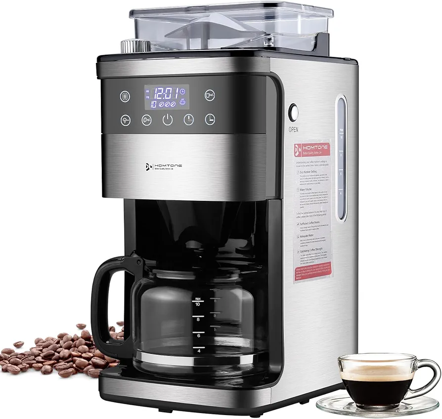 Homtone 10-Cup Coffee Maker with Burr Grinder Built-in,Programmable Grind & Brew, Smart LED Touchscreen Auto Drip Machine, 950W, Black/Stainless Steel, Customizable Strength & Grind Size