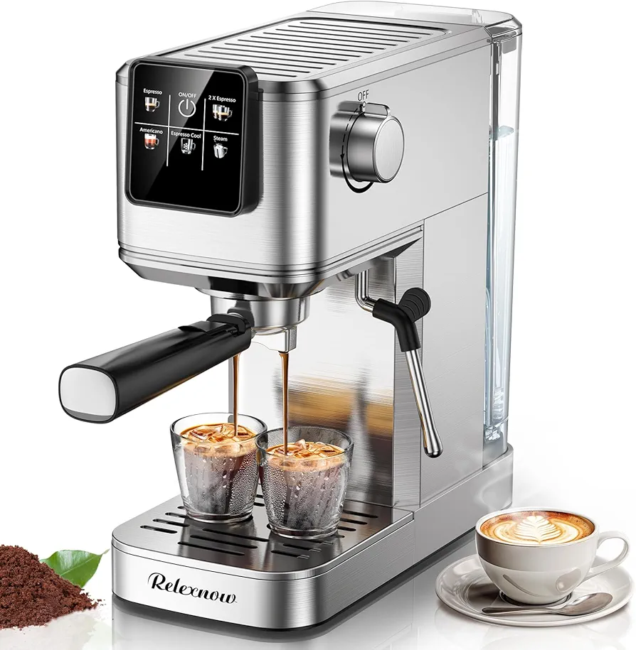 Espresso Machine, 20 Bar Espresso Maker Milk Frother & LCD Panel, Hot & Iced Coffee Machine, Stainless Steel Espresso Coffee Machine with 41oz Water Tank for Cappuccino, Latte