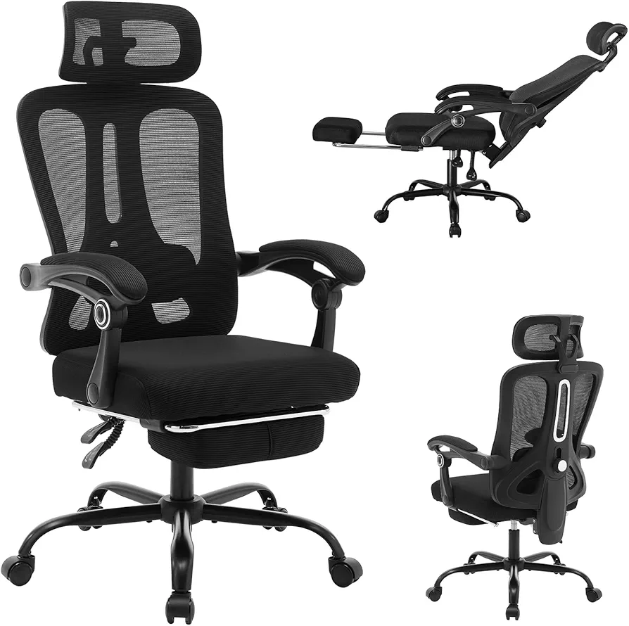 Ergonomic Office Chair,Swivel Task Chair with Adjustable Lumbar Support,Home Office Chair with Footrest,Mesh High Back Gaming Chair Black