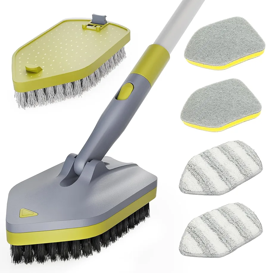 4 in 1Tile Tub Scrubber Brush | 62.2" Extendable Long Handle-Shower Cleaning Brush No Scratch Shower Scrubber for Cleaning Bathroom Kitchen Toilet Wall,Bathtub,Sink,Grey