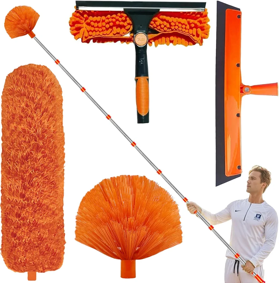 20+ Feet High Reach Duster Kit with 3-14 ft Extension Pole // High Ceiling Dusting and Window Cleaning Kit with Spliceable Pole - Window Washer & Squeegee, Cobweb Duster, Fan Blade and Feather Dusters