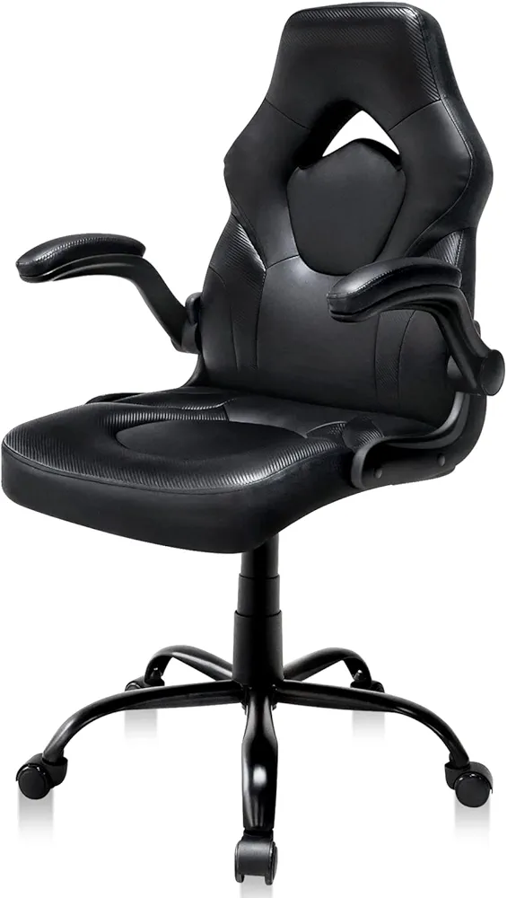 Office Chair, Comfortable Padded Armrests Gaming Chair Ergonomic Desk Chair PU Leather Computer Chair Executive Swivel Task Chair for Gaming Working Studying (Flip Up Arms, Black)