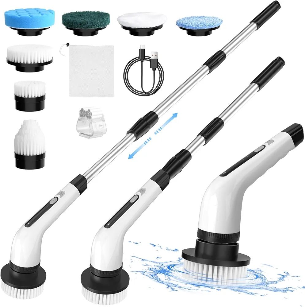 Electric Spin Scrubber, Shower Scrubber with Long Handle, Adjustable & Detachable Handle with 7 Replaceable Heads, 2 Speeds Cordless Electric Cleaning Brush for Bathroom/Tub/Floor/Tile