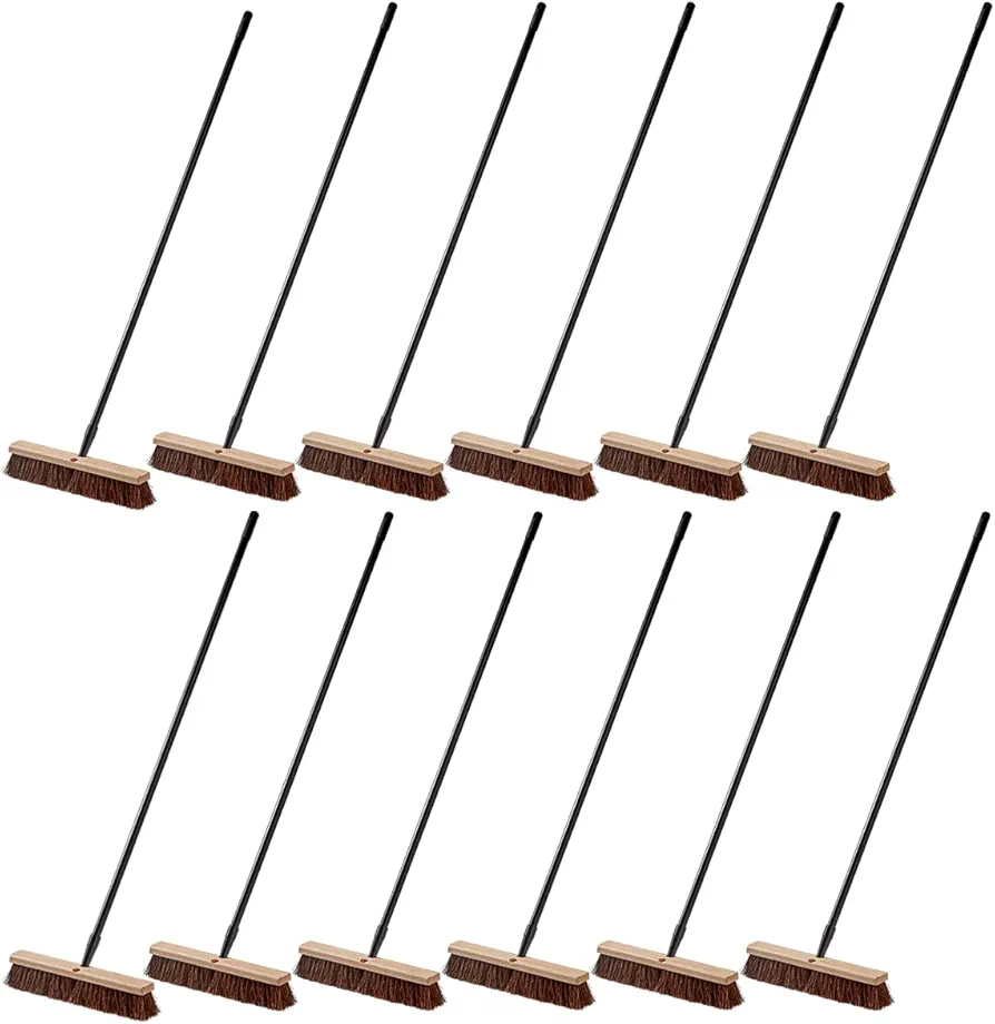 Pack of 12 Push Broom 18 Inch Outdoor Heavy Duty - Palmyra Bristles, Wood Block, 60" Metal Handle - Large Push Brooms for Sweeping Concrete, Floor, Rough Surface - Stiff Bristle Industrial Broom