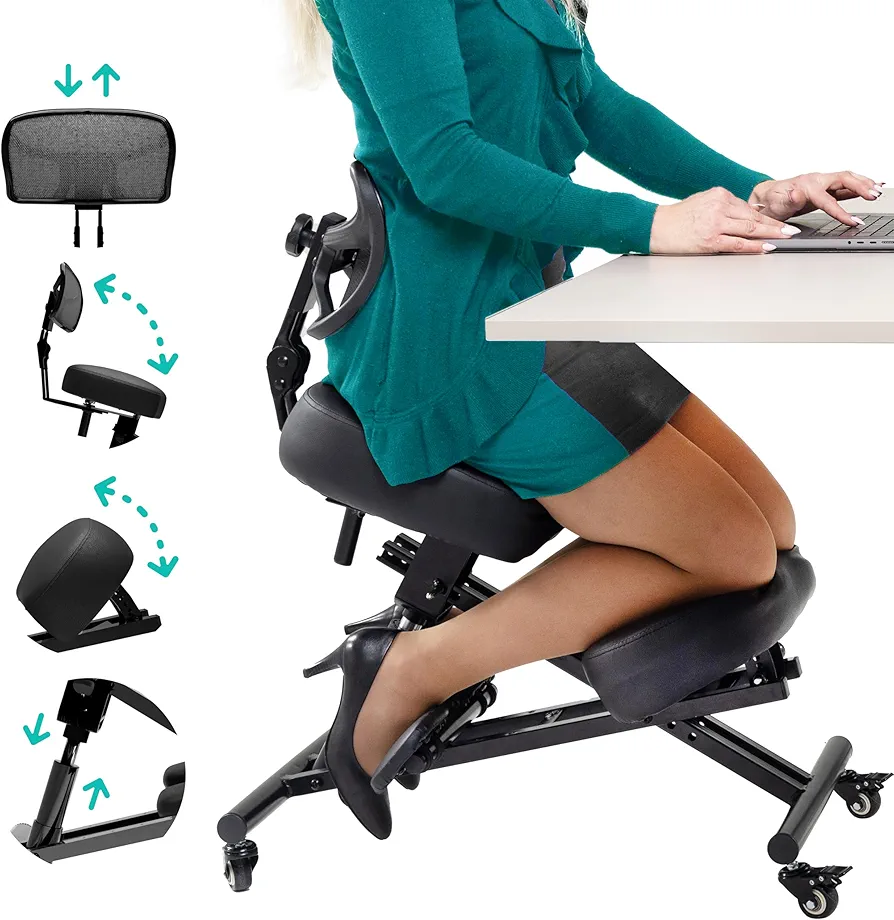 Kneeling Ergonomic Office Chair – Fully Adjustable Desk Chair, Back Pain & Neck Pain Relief. Extra Thick Cushions, Gas Lift, Metal Frame, Ankle & Back Support, Easy Assembly (Black)