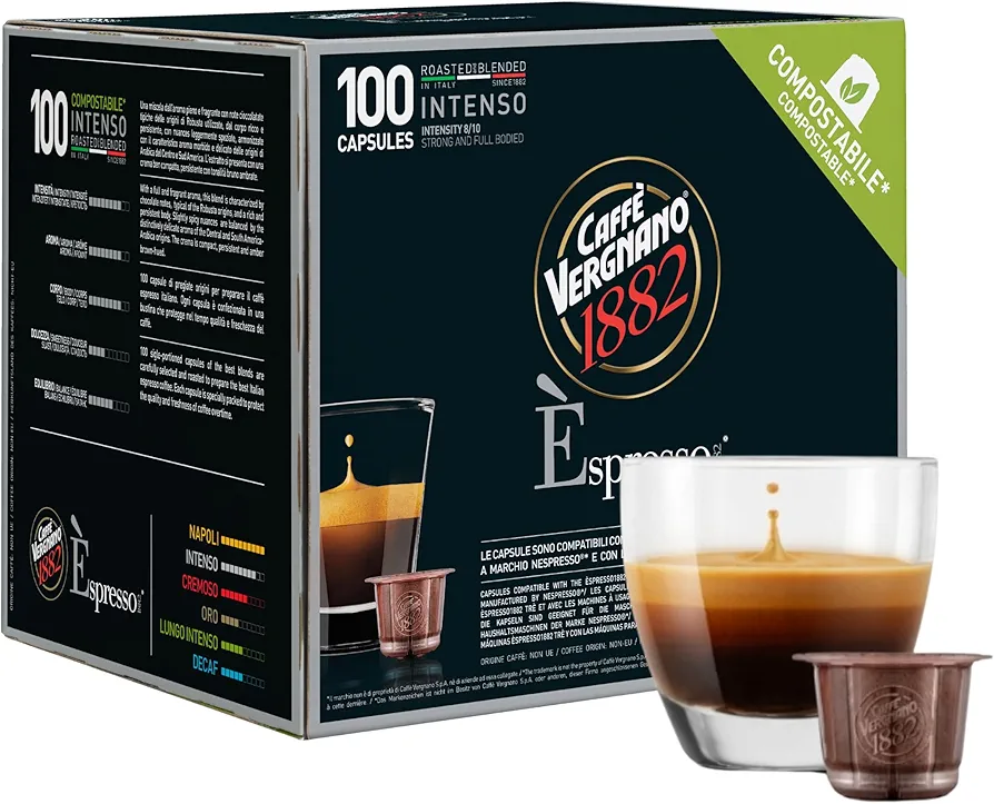 Caffe Vergnano Medium Roast Espresso Compatible Capsules - Single-Serve Arabica Robusta Espresso Coffee, Italian Coffee Espresso Pods For Nespresso Coffee Machines, Intensity 8/10 - Intenso, 100 Ct