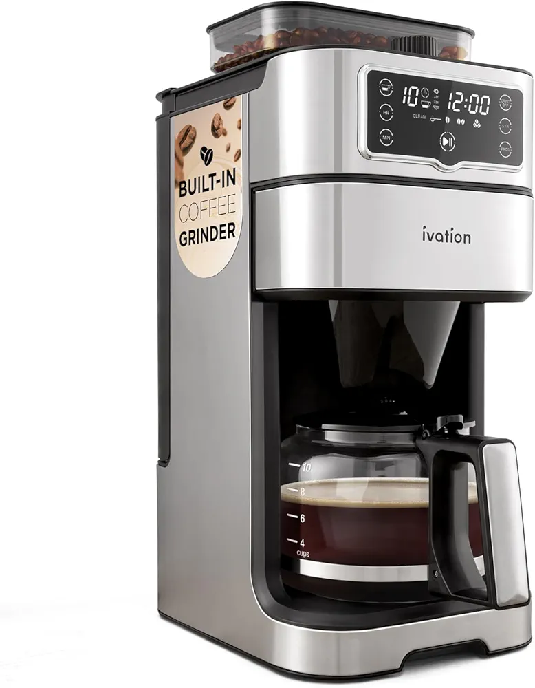 Ivation 2-in-1 Drip Coffee Maker & Grinder – Programmable Auto Brew & Timer - Warming Plate - 10 Cup - Reusable Filter Basket – 1.5L Water Tank – 1000W - Pause and Pour