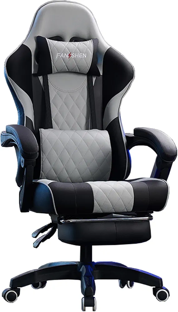VejiA Gaming Chair with Footrest, Leather Office Desk Chair Ergonomic Computer Chairs with Headrest and Lumbar Support, High Back 360° Swivel Game Chairs/Grey1/Height 120-129Cm