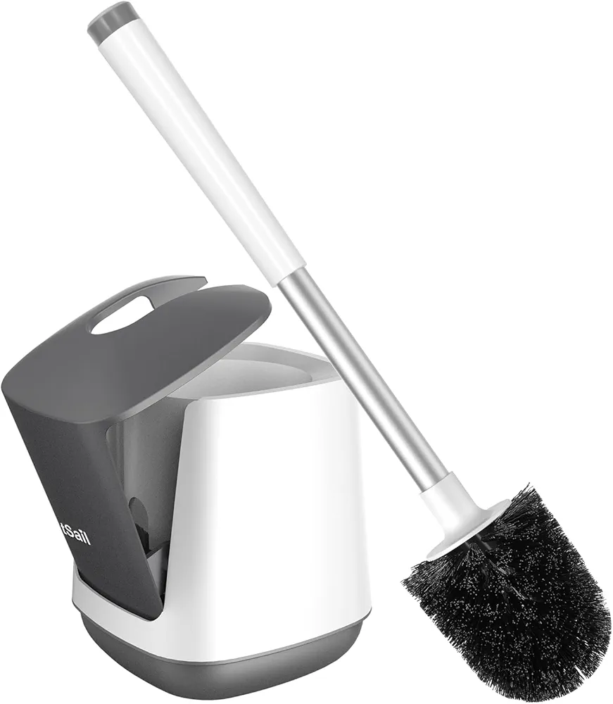 SetSail Toilet Brush and Holder, Self Closing Lid Toilet Bowl Brushes Holder and Ergonomic Long Handle Ventilated Toilet Brush Set for Bathroom Cleaning, Nylon Bristles, White