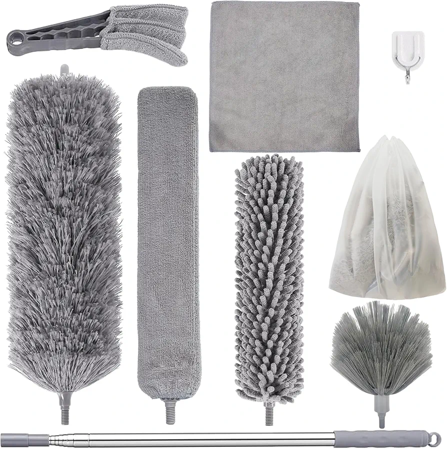Dusters for Cleaning, 9 in 1 Kit 100” Feather Duster with Extension Pole, Retractable Bendable Washable, Cobweb Duster Chenille Gap Dust Brush Blind Duster for Cleaning High Ceiling Fans Furniture