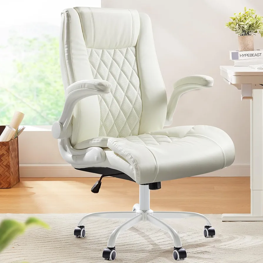 Marsail Executive Office Chair with Flip-up Armrests,PU Leather Ergonomic Desk Chair Height-Adjustable Swivel Rolling Computer Desk Chair